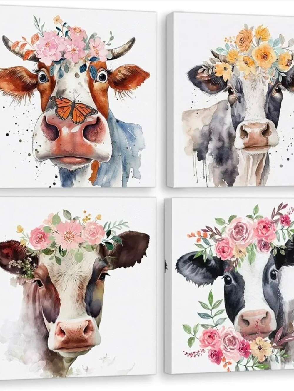 Set of 4 Floral Cow Canvas Prints 12x12 Farmhouse Wall Decor NIP - Picture 2 of 3